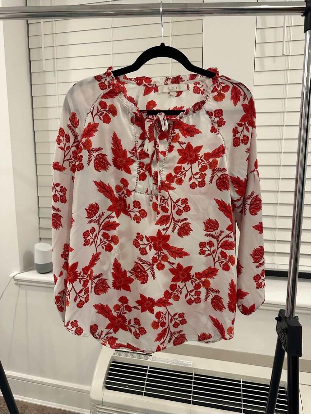 LOFT White Peasant Blouse with Red Floral Print, Size M
